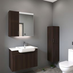 A bathroom with gray walls featuring dark wood furniture