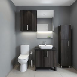 A bathroom with gray walls featuring dark wood furniture