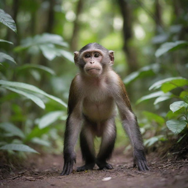 An endearing monkey named Apik strolling cheerfully through a rich, lush jungle.