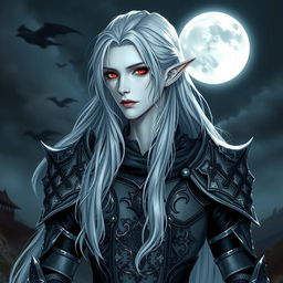 A male vampire with long silver hair that flows elegantly around his shoulders