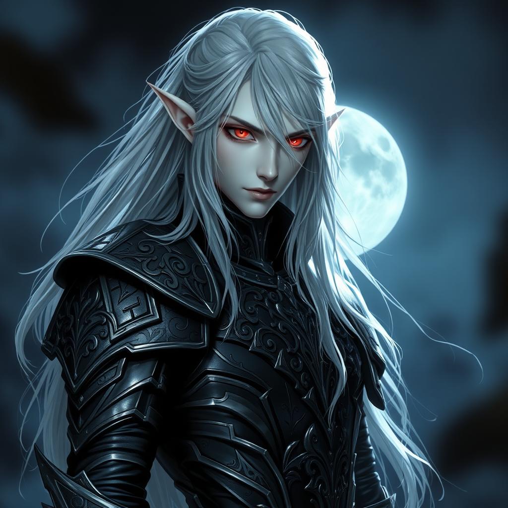 A male vampire with long silver hair that flows elegantly around his shoulders