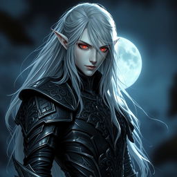 A male vampire with long silver hair that flows elegantly around his shoulders