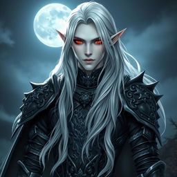 A male vampire with long silver hair that flows elegantly around his shoulders