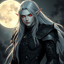 A male vampire with long silver hair that flows elegantly around his shoulders