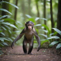 An endearing monkey named Apik strolling cheerfully through a rich, lush jungle.