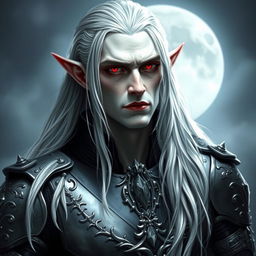 A masculine vampire with long silver hair cascading down his back, giving him a powerful and commanding presence