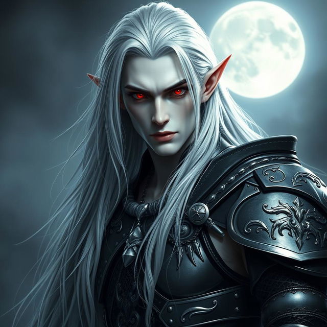 A masculine vampire with long silver hair cascading down his back, giving him a powerful and commanding presence