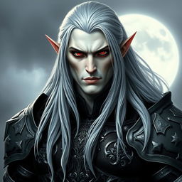 A masculine vampire with long silver hair cascading down his back, giving him a powerful and commanding presence