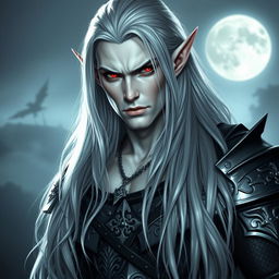 A masculine vampire with long silver hair cascading down his back, giving him a powerful and commanding presence