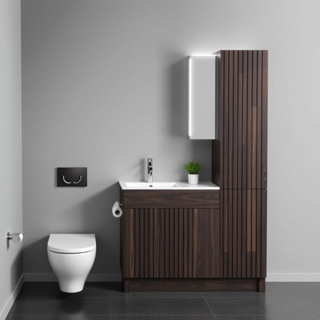 A bathroom with gray walls showcasing dark wood furniture