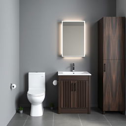 A bathroom with gray walls showcasing dark wood furniture