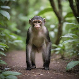 An endearing monkey named Apik strolling cheerfully through a rich, lush jungle.