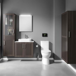 A bathroom with gray walls showcasing dark wood furniture