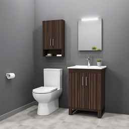 A bathroom with gray walls showcasing dark wood furniture