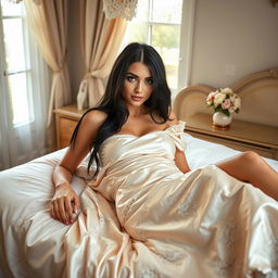 A beautiful woman with long black hair and captivating blue eyes lounging comfortably in a bedroom