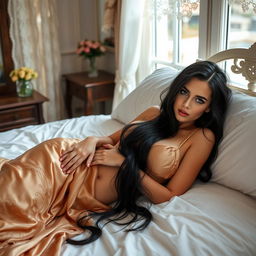 A beautiful woman with long black hair and captivating blue eyes lounging comfortably in a bedroom