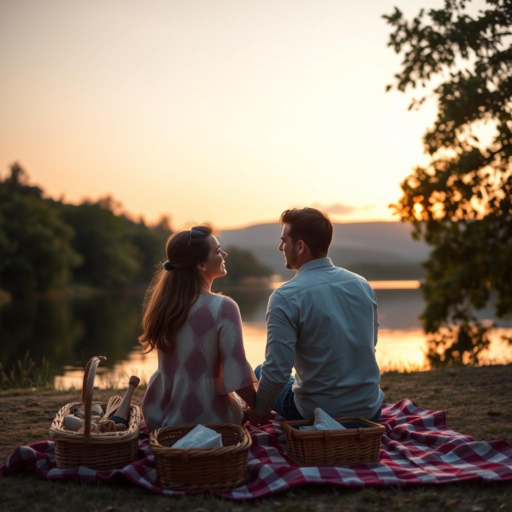 A romantic couple sitting by the lakeside at sunset, holding hands and gazing into each other's eyes