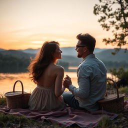 A romantic couple sitting by the lakeside at sunset, holding hands and gazing into each other's eyes