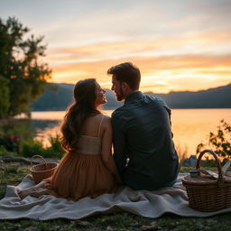 A romantic couple sitting by the lakeside at sunset, holding hands and gazing into each other's eyes