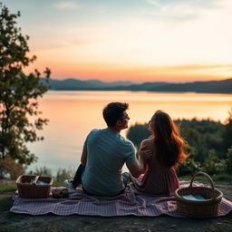 A romantic couple sitting by the lakeside at sunset, holding hands and gazing into each other's eyes