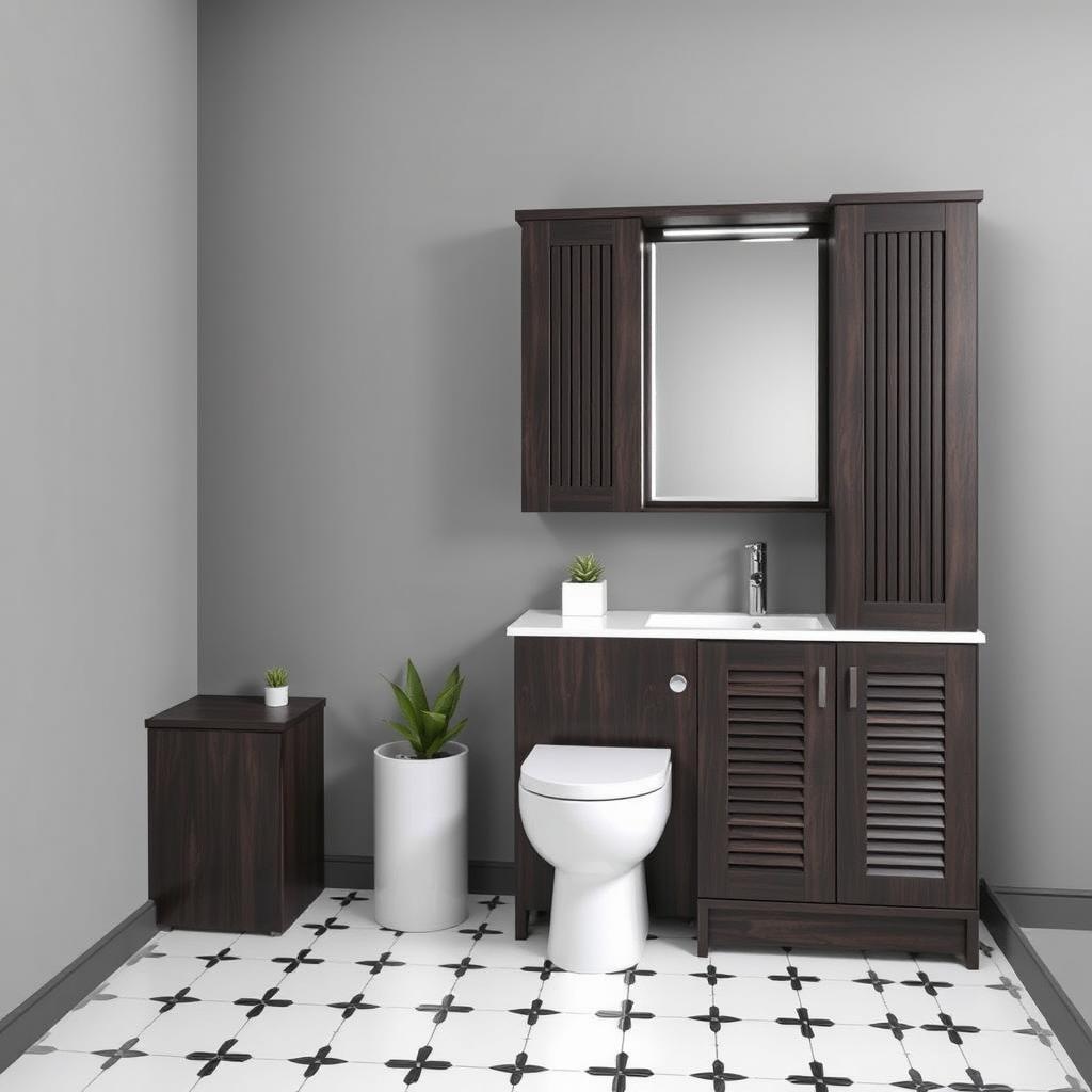 A bathroom with gray walls featuring dark wood furniture