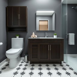 A bathroom with gray walls featuring dark wood furniture