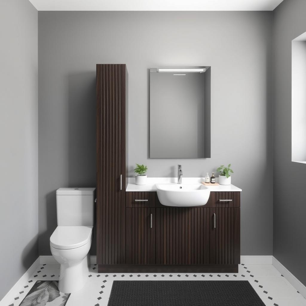 A bathroom with gray walls featuring dark wood furniture