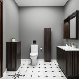 A bathroom with gray walls featuring dark wood furniture