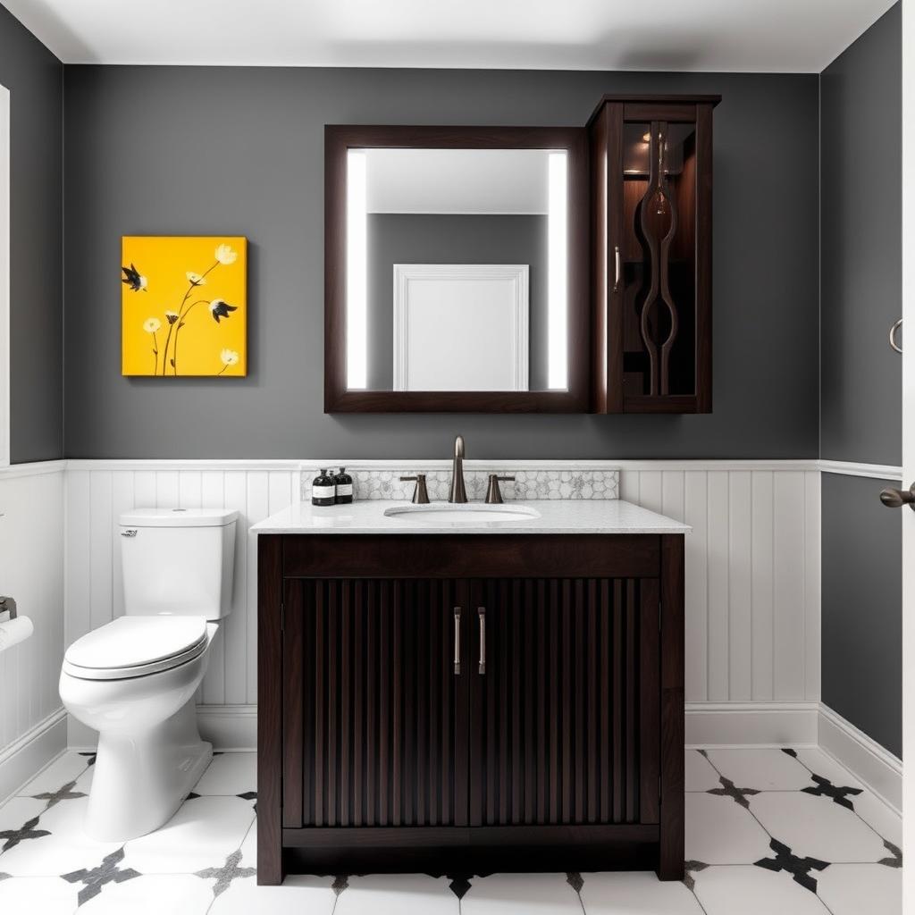 A bathroom with gray walls and dark wood furniture, featuring one toilet