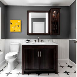 A bathroom with gray walls and dark wood furniture, featuring one toilet