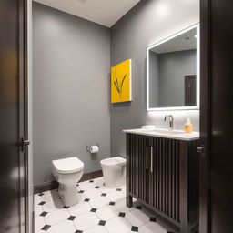 A bathroom with gray walls and dark wood furniture, featuring one toilet