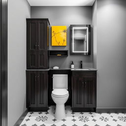 A bathroom with gray walls and dark wood furniture, featuring one toilet