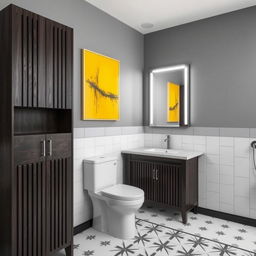 A bathroom with gray walls and dark wood furniture, featuring one toilet