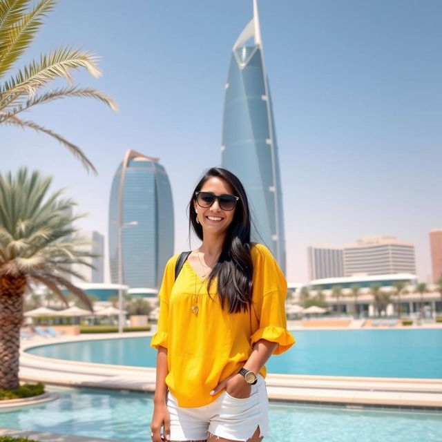 A woman stands confidently in front of the Riyad Bank Tower in Riyadh, Saudi Arabia, wearing a yellow top and white shorts