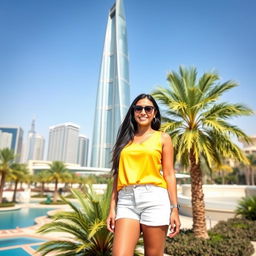 A woman stands confidently in front of the Riyad Bank Tower in Riyadh, Saudi Arabia, wearing a yellow top and white shorts