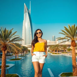A woman stands confidently in front of the Riyad Bank Tower in Riyadh, Saudi Arabia, wearing a yellow top and white shorts