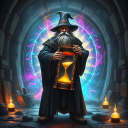 A wise and mysterious wizard standing in front of a mystical portal, holding a large, ornate hourglass