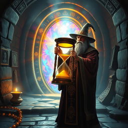 A wise and mysterious wizard standing in front of a mystical portal, holding a large, ornate hourglass