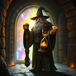 A wise and mysterious wizard standing in front of a mystical portal, holding a large, ornate hourglass