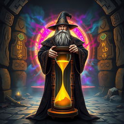 A wise and mysterious wizard standing in front of a mystical portal, holding a large, ornate hourglass