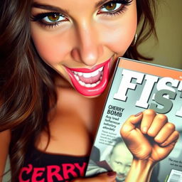 An extreme close-up of a gorgeous brunette with an alluring expression, wearing a punk shirt that reads "Cherry Bomb"