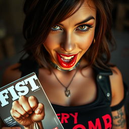 An extreme close-up of a gorgeous brunette with an alluring expression, wearing a punk shirt that reads "Cherry Bomb"