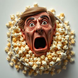 Top-down view of a detailed, realistic mask depicting a scared human face sitting atop a tub of overflowing popcorn