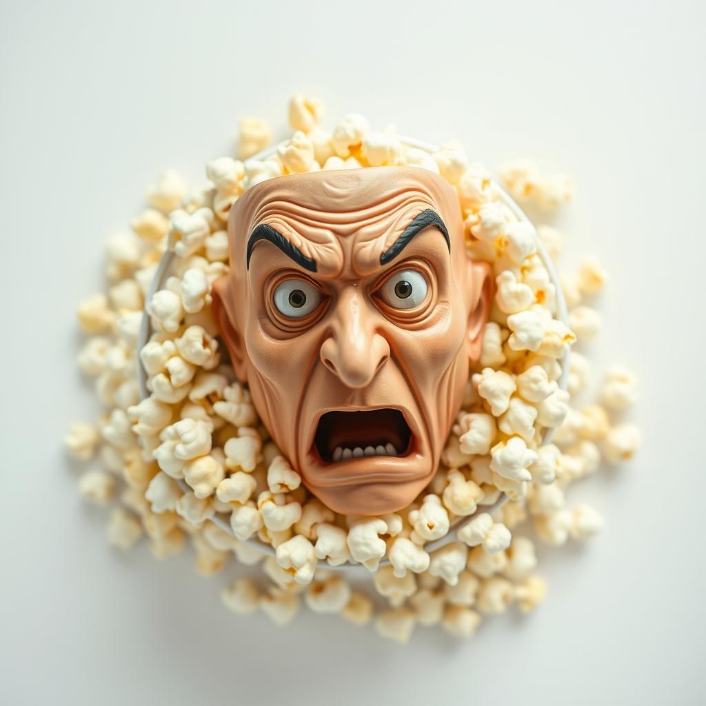 Top-down view of a detailed, realistic mask depicting a scared human face sitting atop a tub of overflowing popcorn