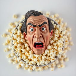 Top-down view of a detailed, realistic mask depicting a scared human face sitting atop a tub of overflowing popcorn