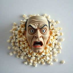 Top-down view of a detailed, realistic mask depicting a scared human face sitting atop a tub of overflowing popcorn