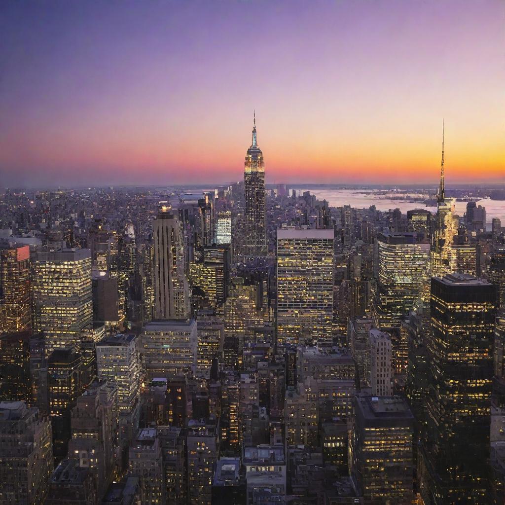 New York City skyline with its iconic skyscrapers and vibrant lights during sunset