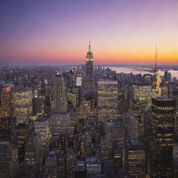 New York City skyline with its iconic skyscrapers and vibrant lights during sunset