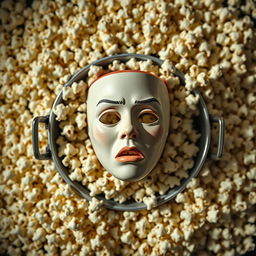 A top-down view of a mask depicting a young woman's face without eyes, displaying a scared expression