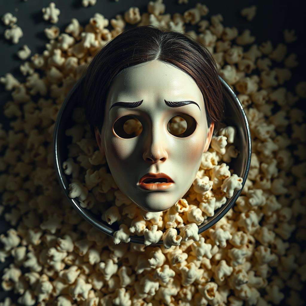 A top-down view of a mask depicting a young woman's face without eyes, displaying a scared expression